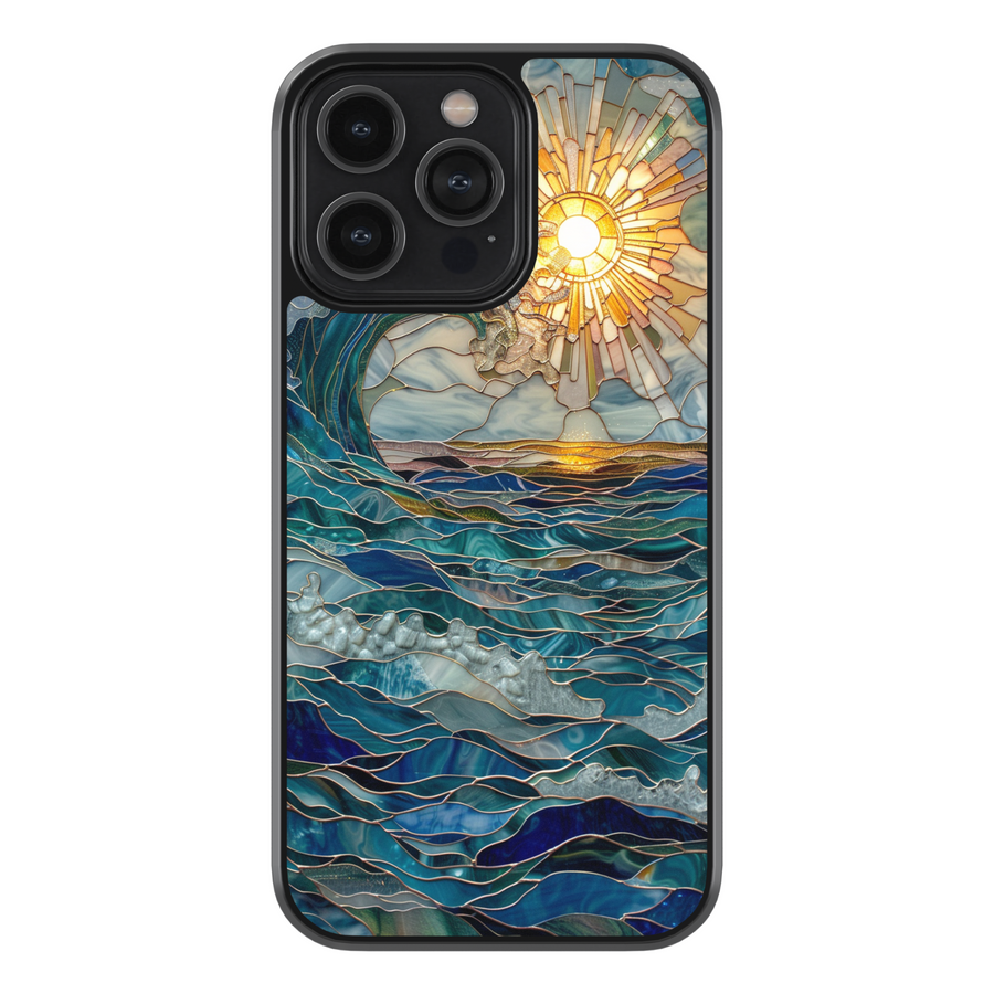 Artistic stained glass ocean wave and sun phone case with coastal blue tones and glowing sunlight – fits iPhone and Samsung