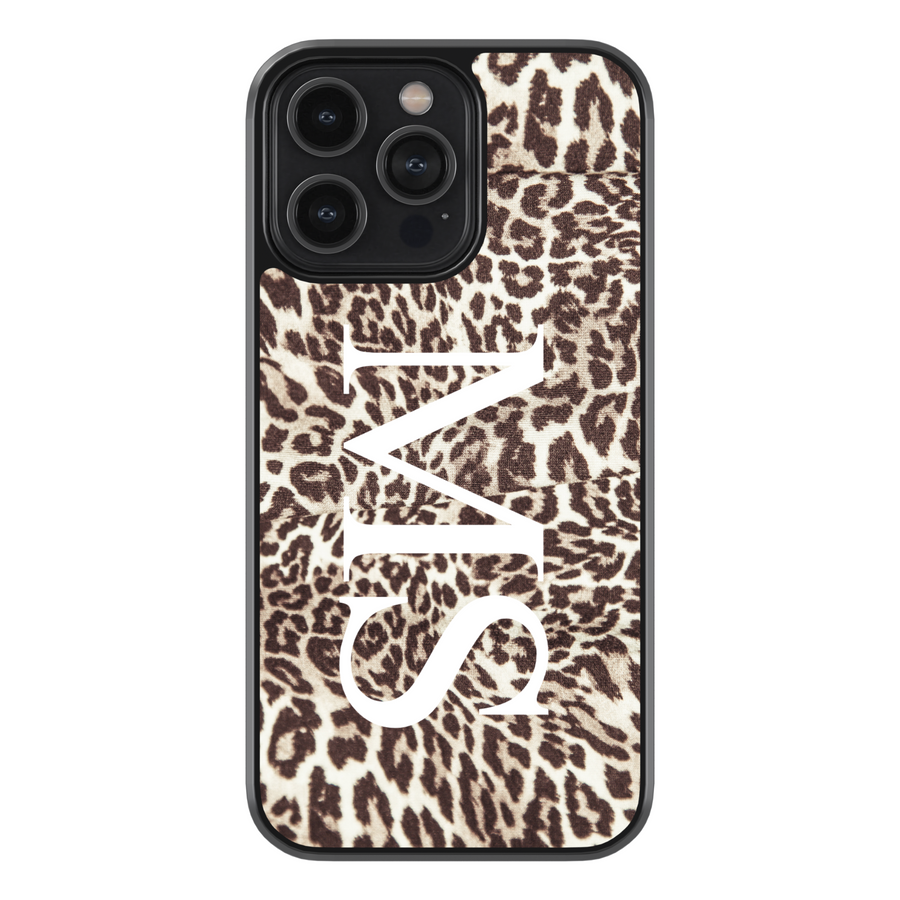 Black and white leopard print phone case with pink vertical monogram – custom iPhone and Samsung case for stylish women