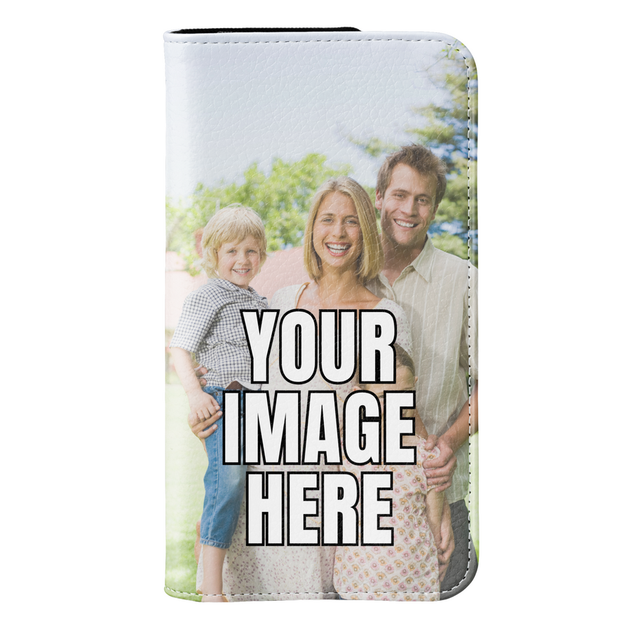 Personalized vegan leather wallet phone case featuring a custom photo print. This folio-style flip cover includes a magnetic closure for secure protection. Ideal for iPhone 15 Pro, Samsung Galaxy S24 Ultra, Google Pixel 9, and more. Customizable with your favorite picture, making it a thoughtful and stylish keepsake