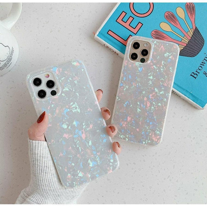 Soft iridescent opal pearl phone case with flexible TPU material in pastel shimmer finish