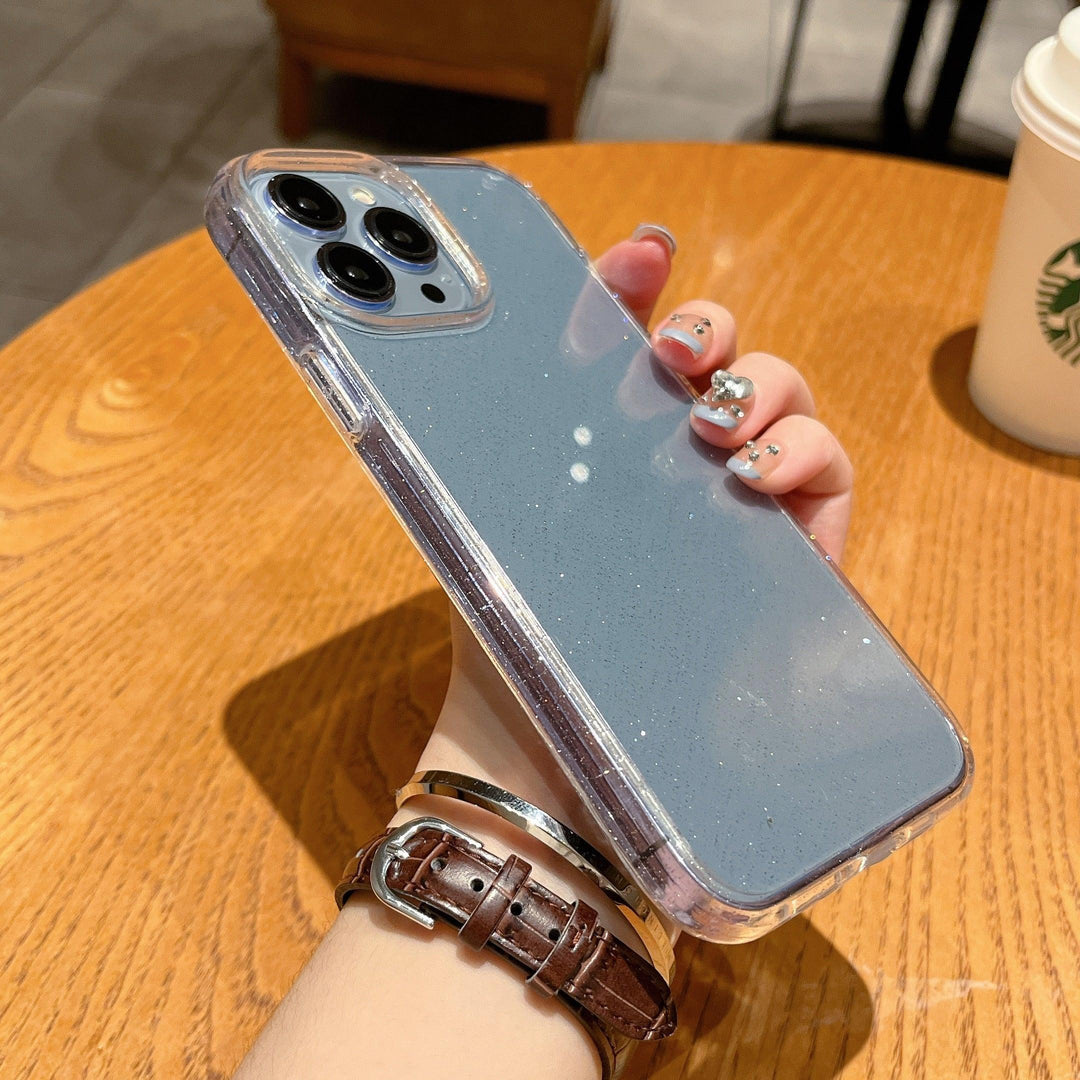 Clear heavy-duty iPhone case with golden glitter hard shell and shockproof bumper edges