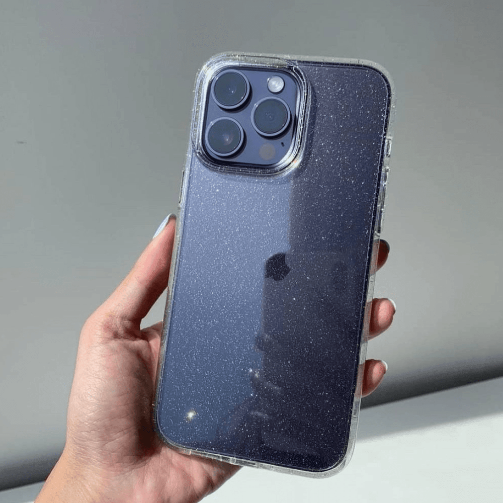 Clear heavy-duty iPhone case with golden glitter hard shell and shockproof bumper edges