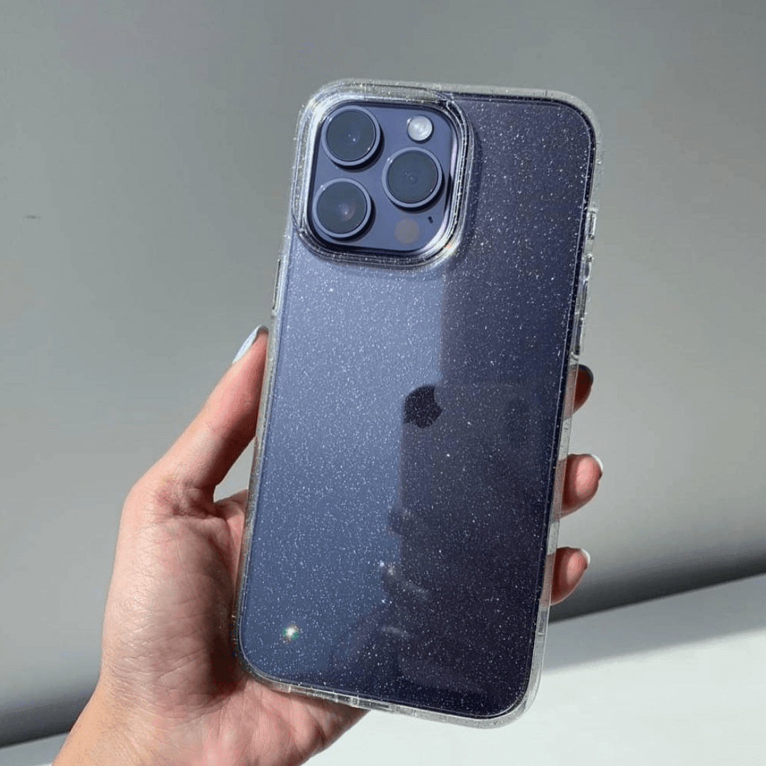 Clear heavy-duty iPhone case with golden glitter hard shell and shockproof bumper edges