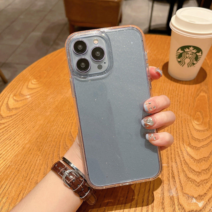 Clear heavy-duty iPhone case with golden glitter hard shell and shockproof bumper edges