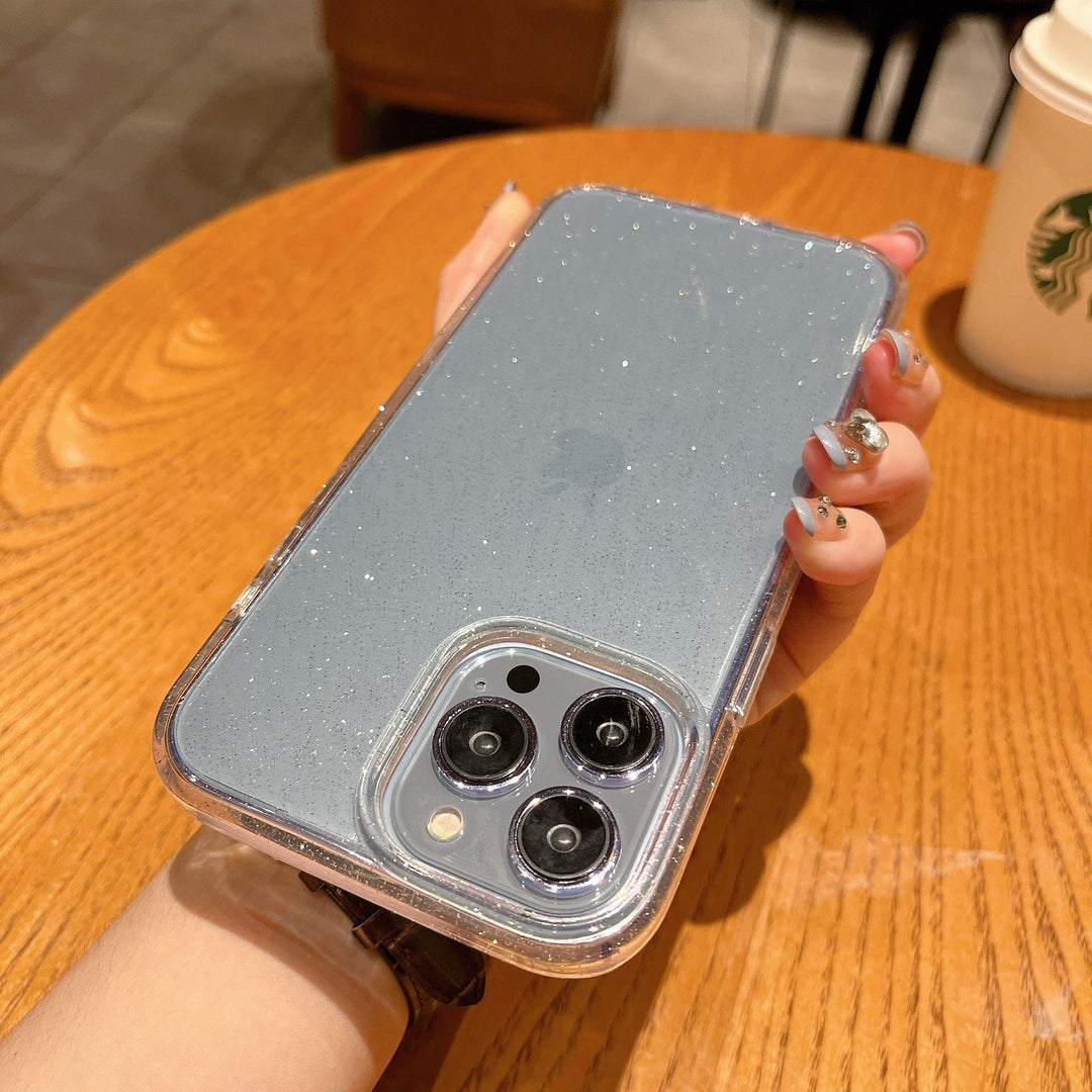 Clear heavy-duty iPhone case with golden glitter hard shell and shockproof bumper edges