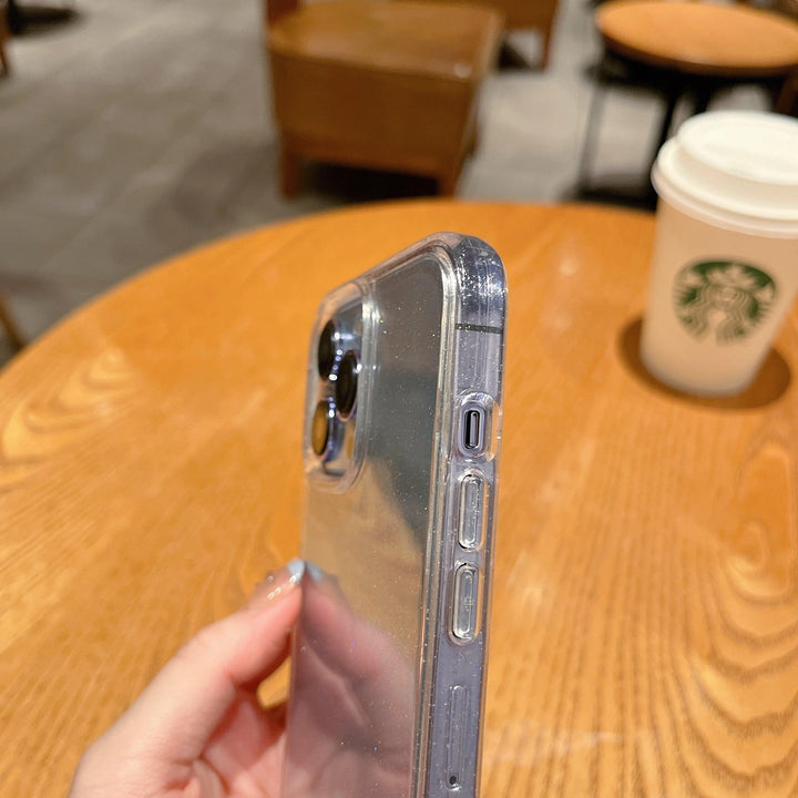 Clear heavy-duty iPhone case with golden glitter hard shell and shockproof bumper edges