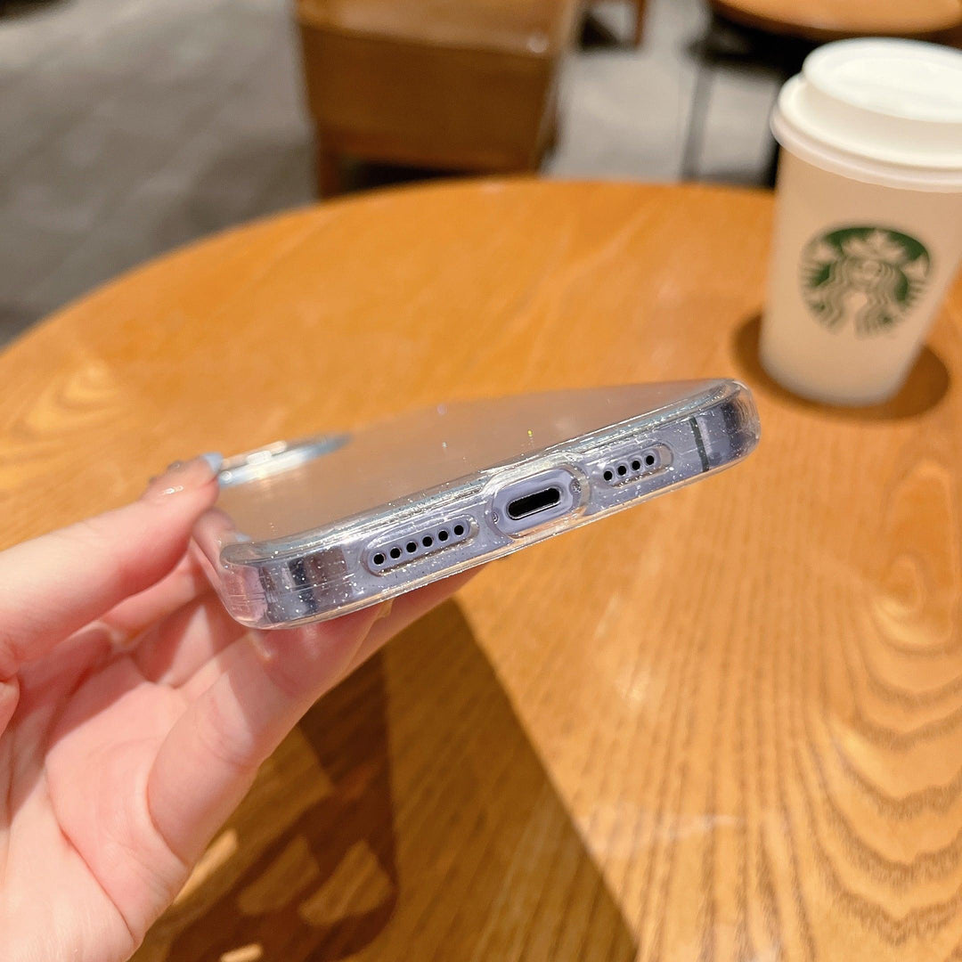 Clear heavy-duty iPhone case with golden glitter hard shell and shockproof bumper edges