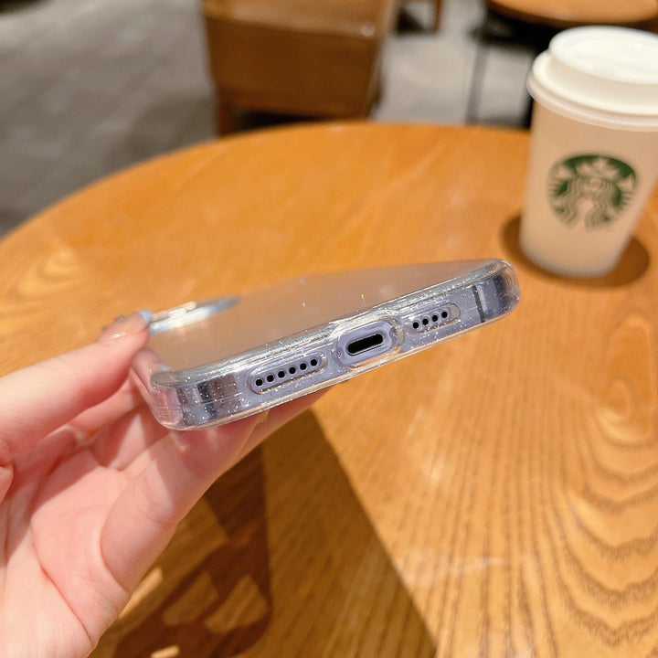 Clear heavy-duty iPhone case with golden glitter hard shell and shockproof bumper edges