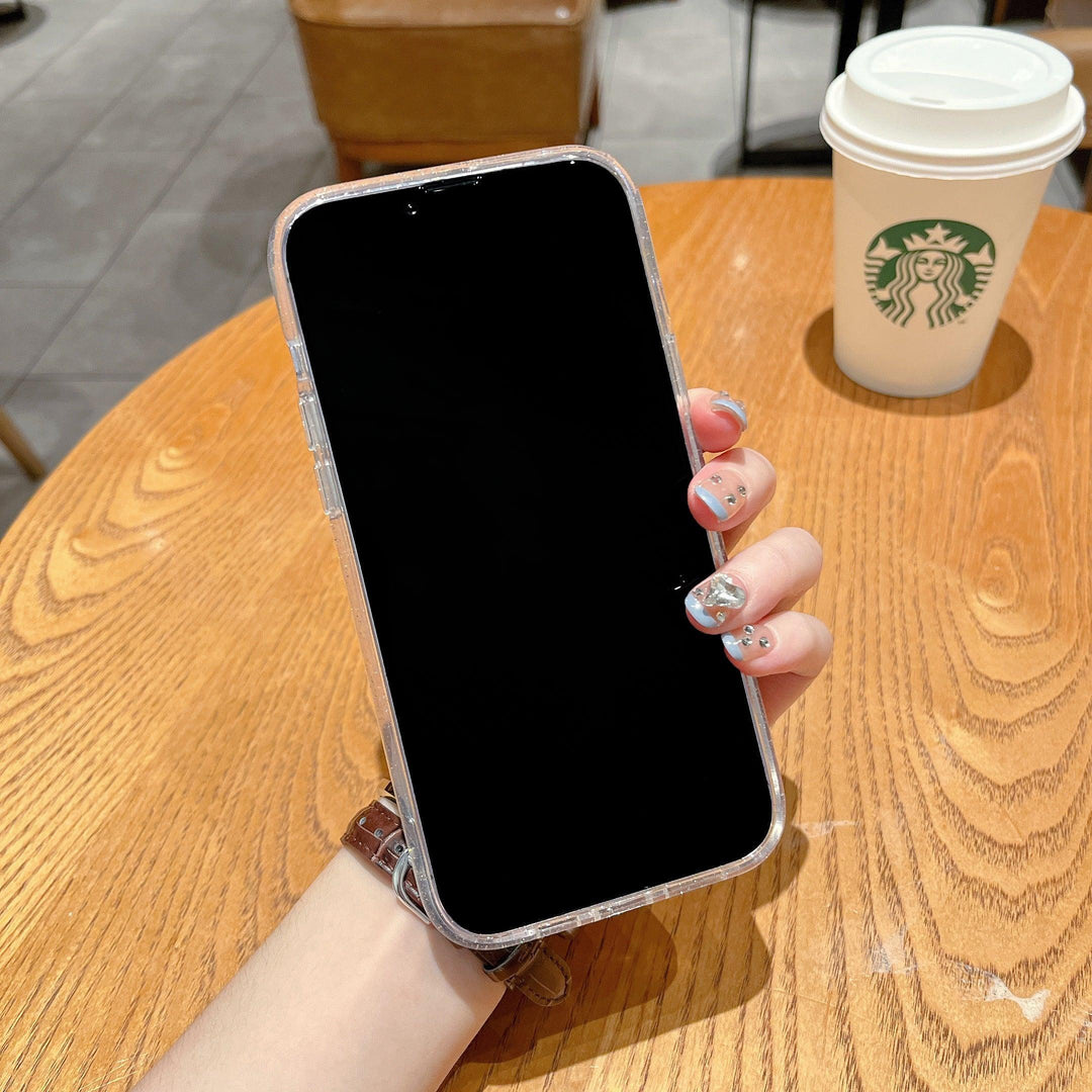 Clear heavy-duty iPhone case with golden glitter hard shell and shockproof bumper edges