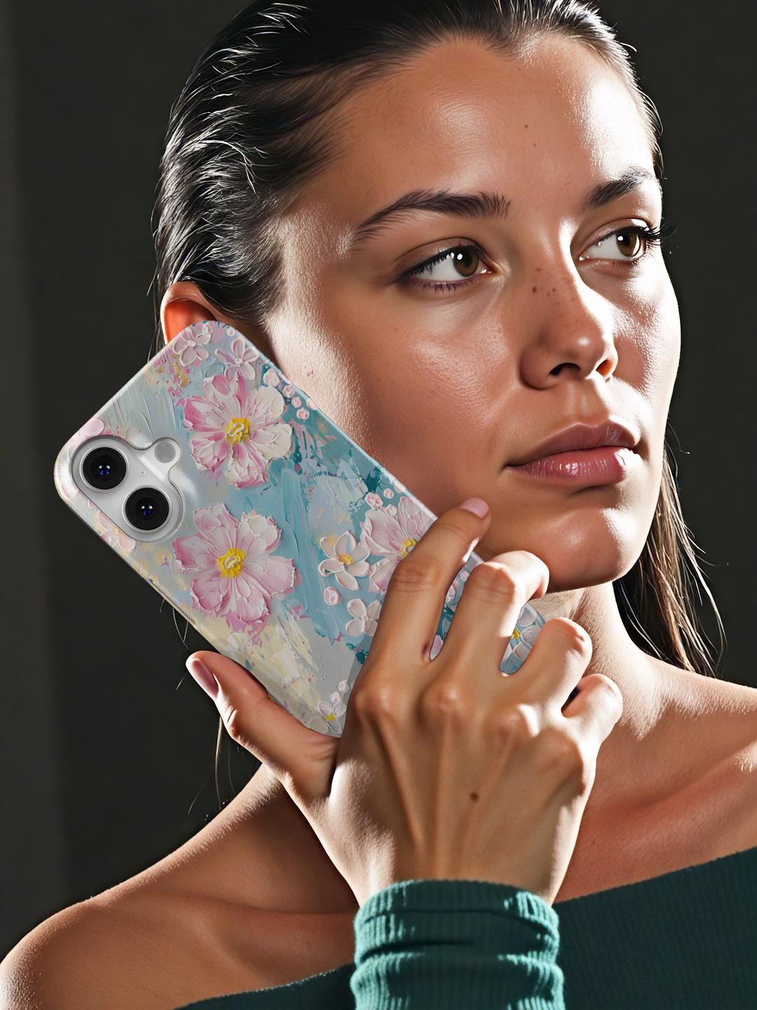 Pastel floral phone case with pink painted blossoms and textured brushstroke background in blue and cream tones