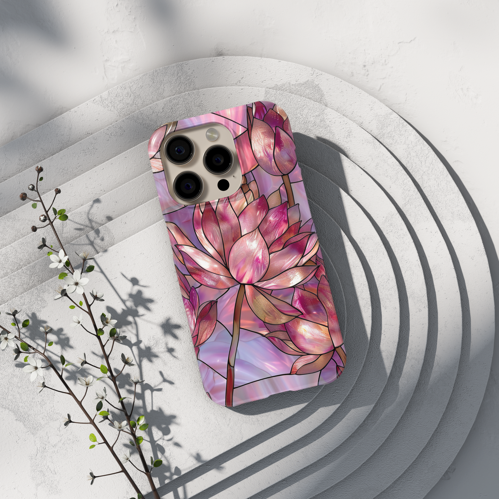 Pink floral stained glass iPhone case with lotus flower and soft blush tones