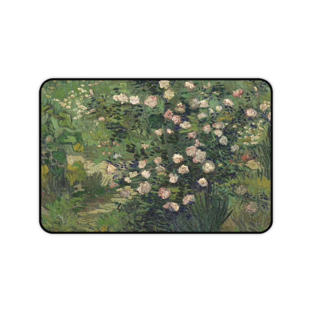 Vincent van Gogh Almond Blossom painting mouse pad and desk mat featuring turquoise blue background, white blossoms and flowering tree branches.