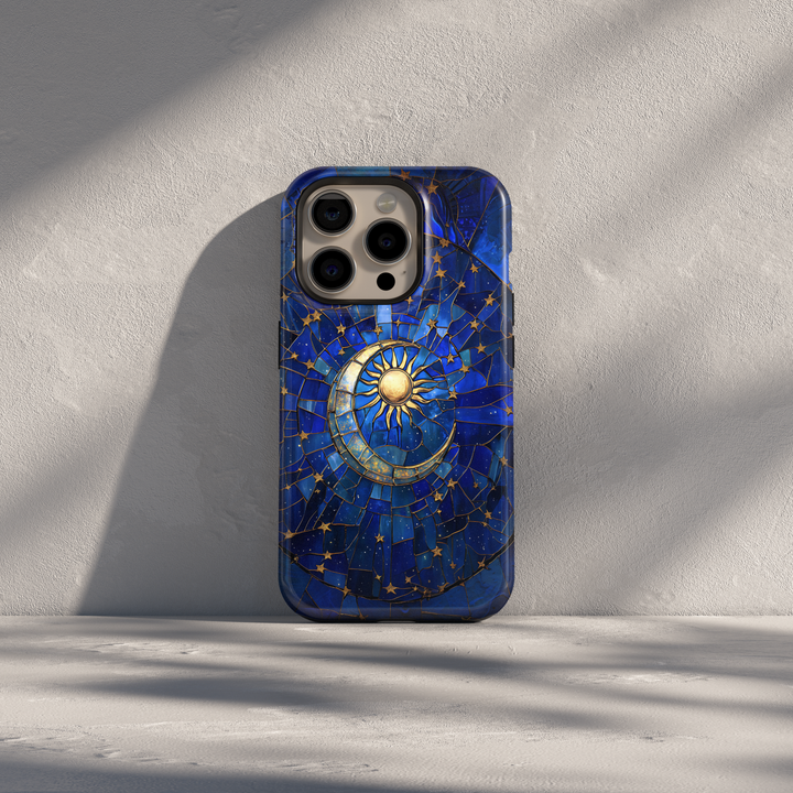 Blue celestial phone case with stained glass sun and crescent moon surrounded by gold stars