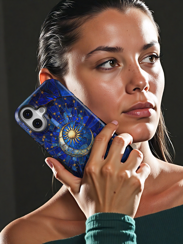 Blue celestial phone case with stained glass sun and crescent moon surrounded by gold stars