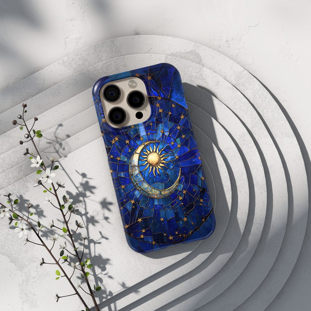 Blue celestial phone case with stained glass sun and crescent moon surrounded by gold stars