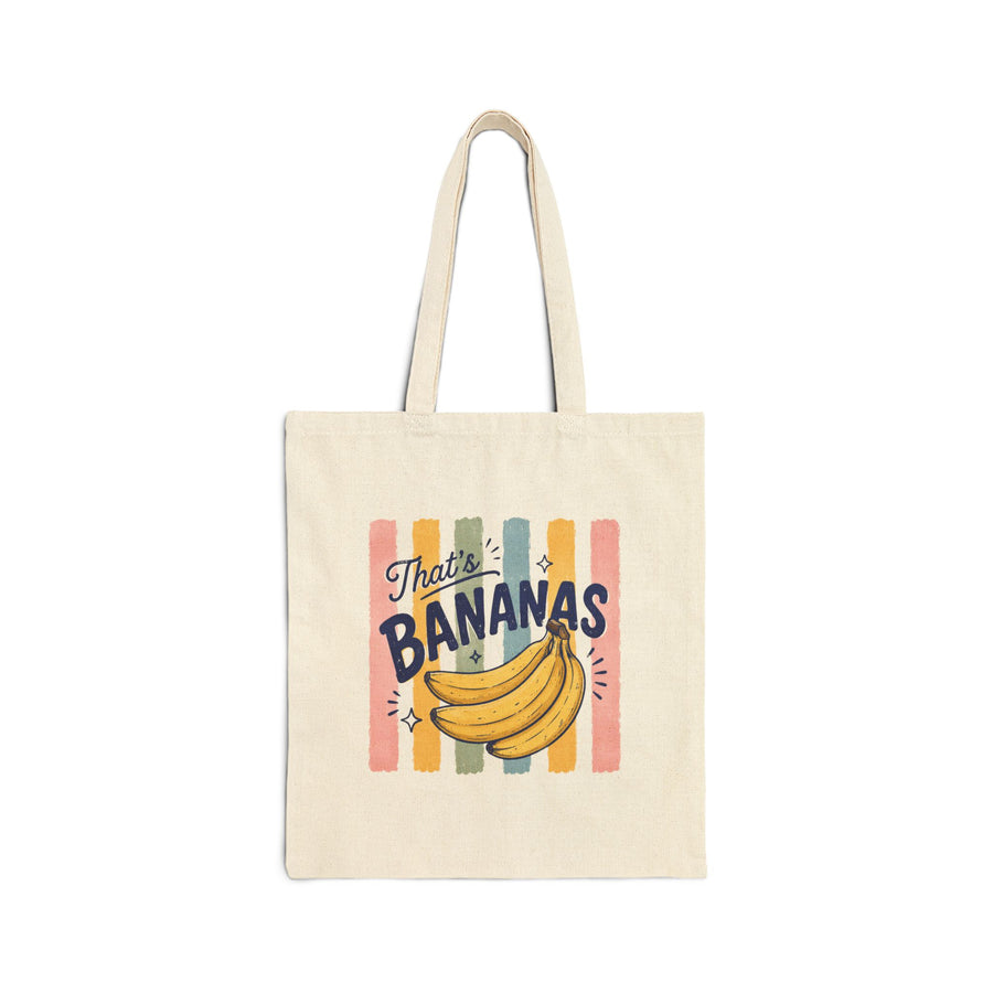 Natural cotton canvas tote bag featuring That’s Bananas text, yellow banana illustration and colorful retro striped design.