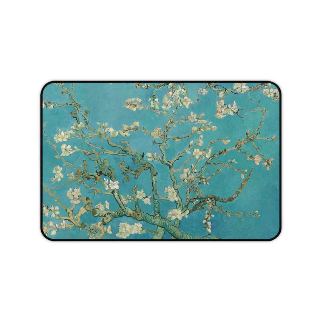 Vincent van Gogh Almond Blossom painting mouse pad and desk mat featuring turquoise blue background, white blossoms and flowering tree branches.