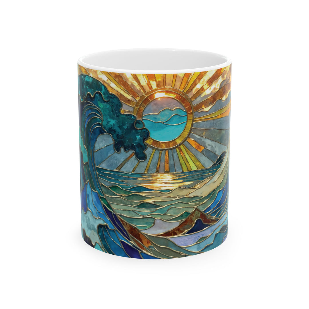 Stained glass ocean waves ceramic mug featuring vibrant blue and turquoise coastal wave artwork, available in 11 oz and 15 oz sizes.