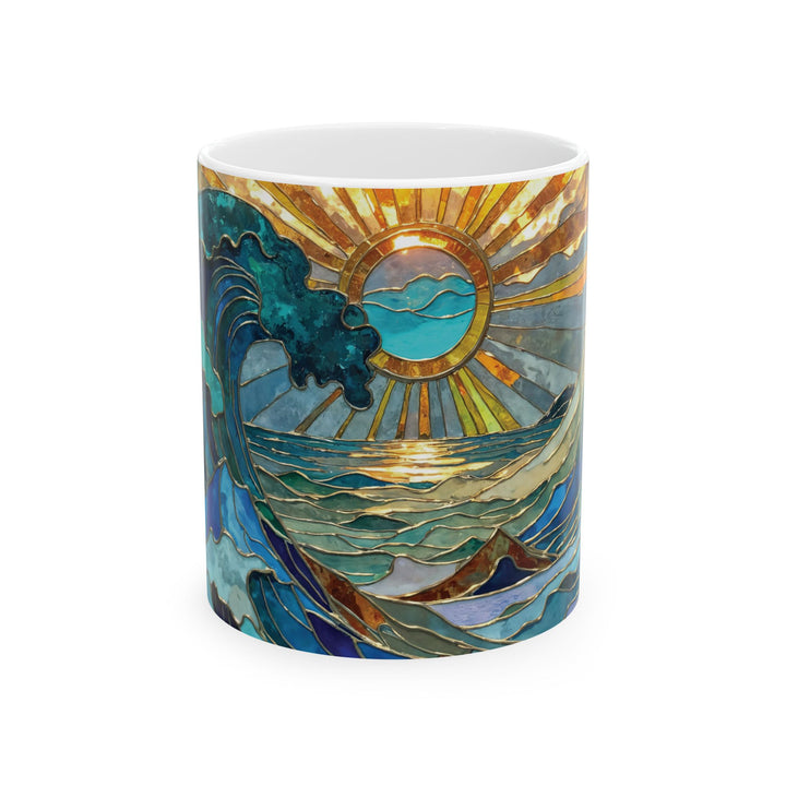 Stained glass ocean waves ceramic mug featuring vibrant blue and turquoise coastal wave artwork, available in 11 oz and 15 oz sizes.