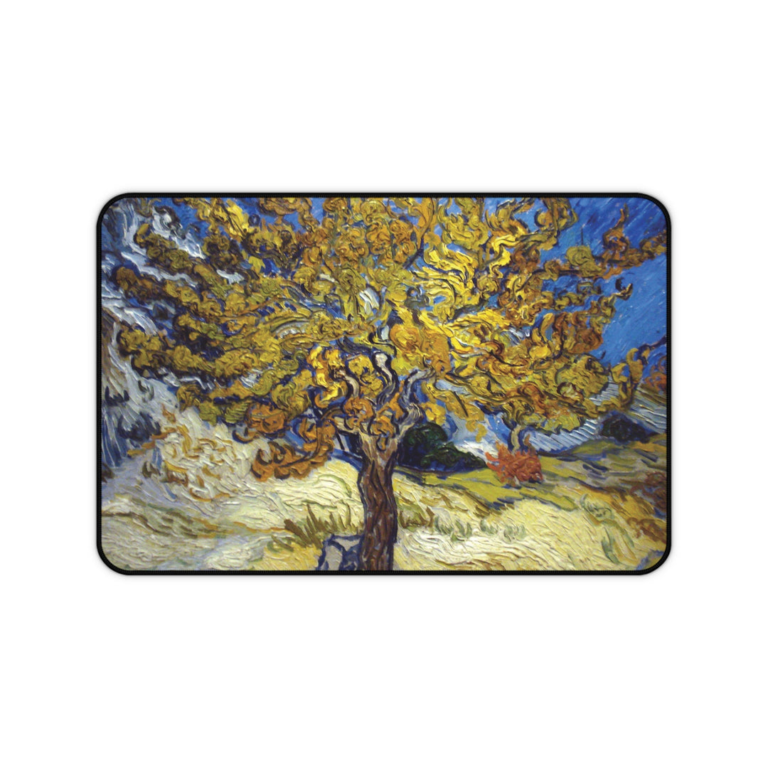 Vincent van Gogh Almond Blossom painting mouse pad and desk mat featuring turquoise blue background, white blossoms and flowering tree branches.