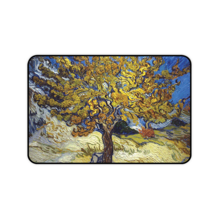Vincent van Gogh Almond Blossom painting mouse pad and desk mat featuring turquoise blue background, white blossoms and flowering tree branches.