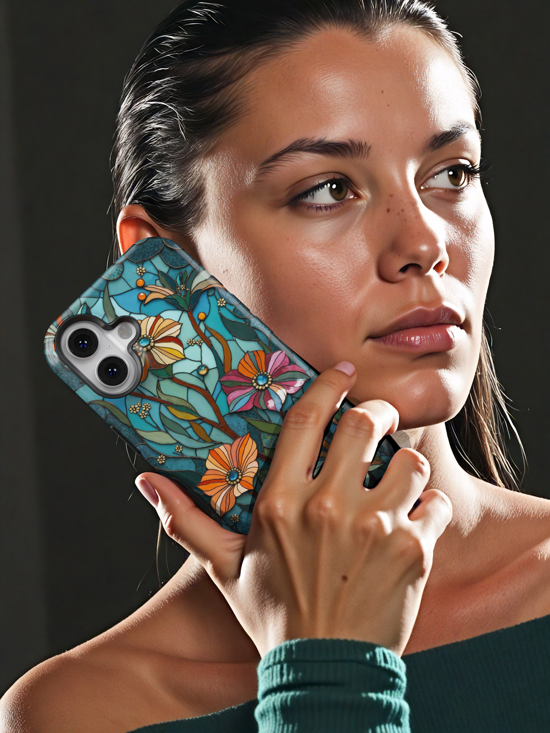 Teal stained glass iPhone case with floral patterns, leafy stems, and warm accent colors in an elegant artistic design
