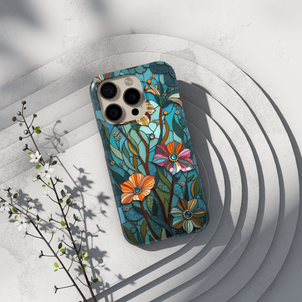 Teal stained glass iPhone case with floral patterns, leafy stems, and warm accent colors in an elegant artistic design