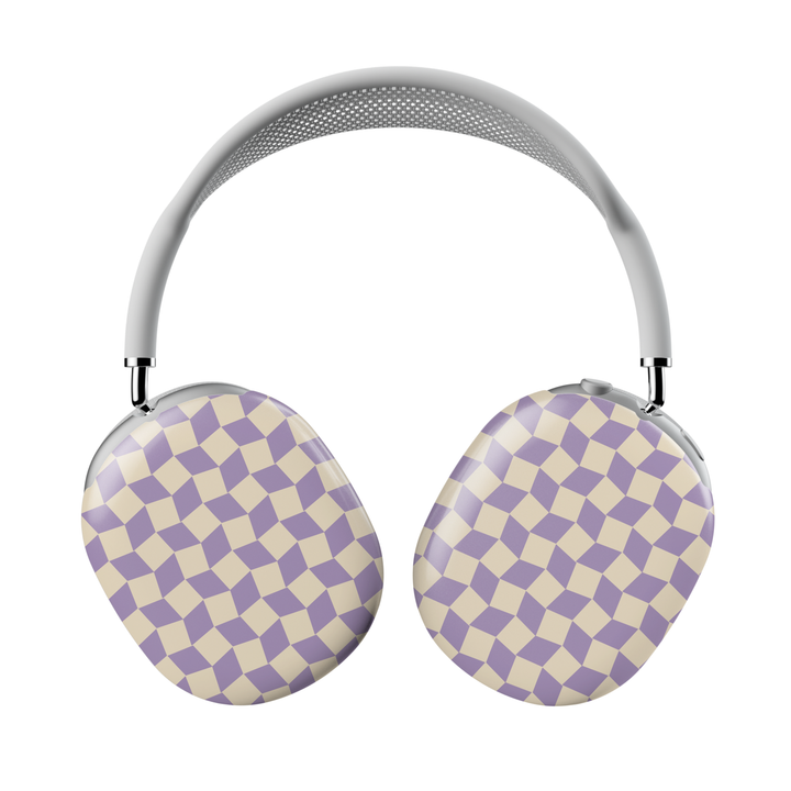 Lavender and cream AirPods Max cover with geometric cube pattern, modern retro headphone skin for Apple AirPods Max, stylish and trendy tech accessory.