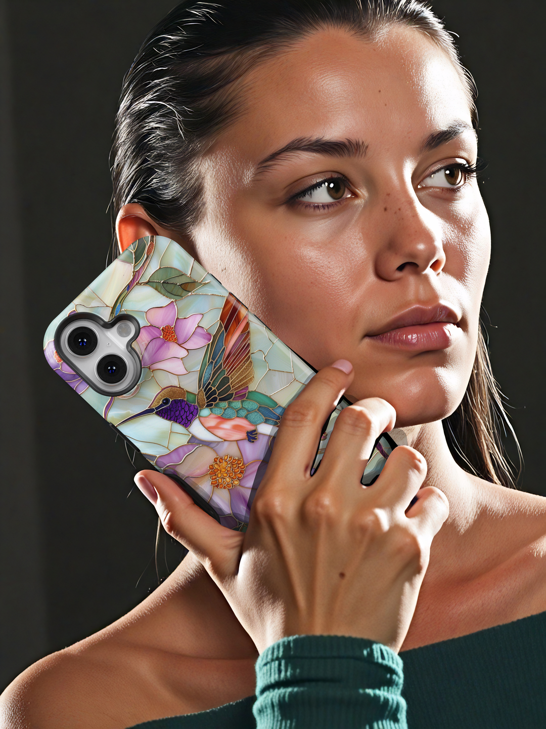 Stained glass hummingbird iPhone case with pastel flowers and mosaic background