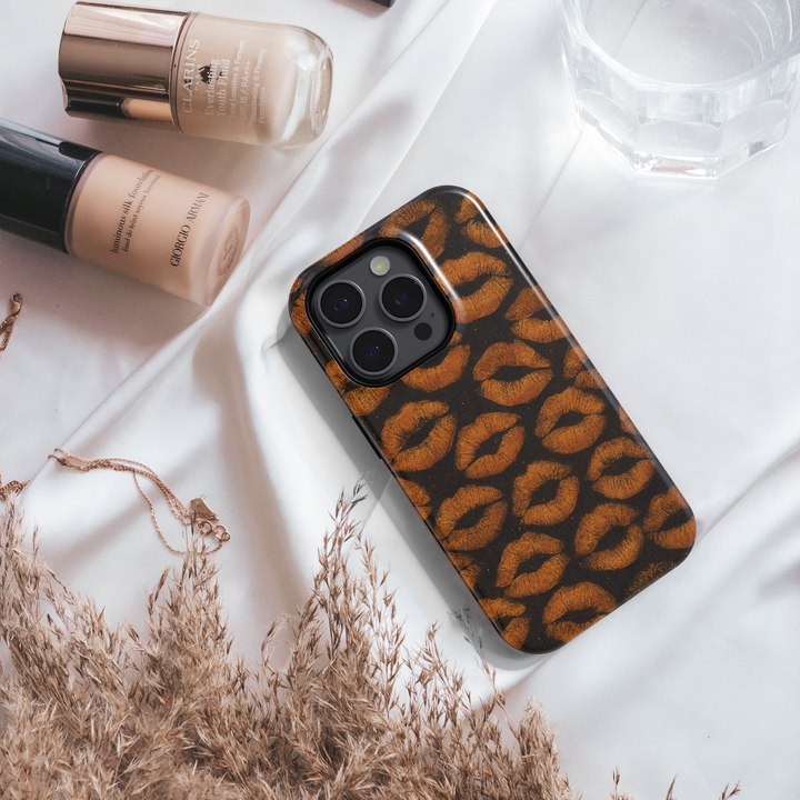 Black iPhone Case with Bronze Lips Pattern – MagSafe iPhone 16 Pro Max Case for Women