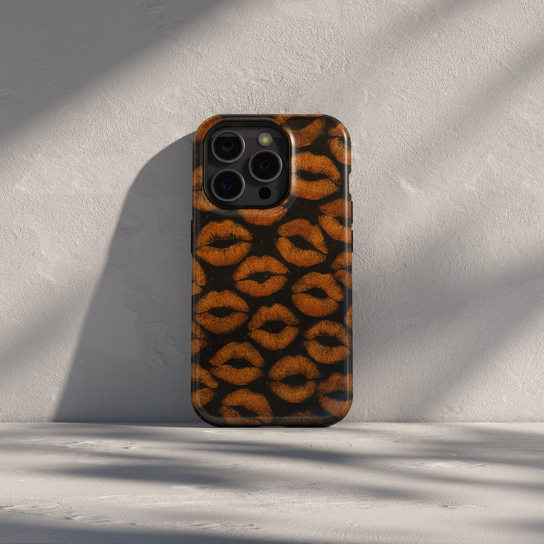 Black iPhone Case with Bronze Lips Pattern – MagSafe iPhone 16 Pro Max Case for Women