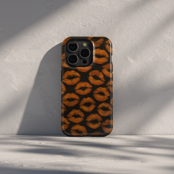 Black iPhone Case with Bronze Lips Pattern – MagSafe iPhone 16 Pro Max Case for Women