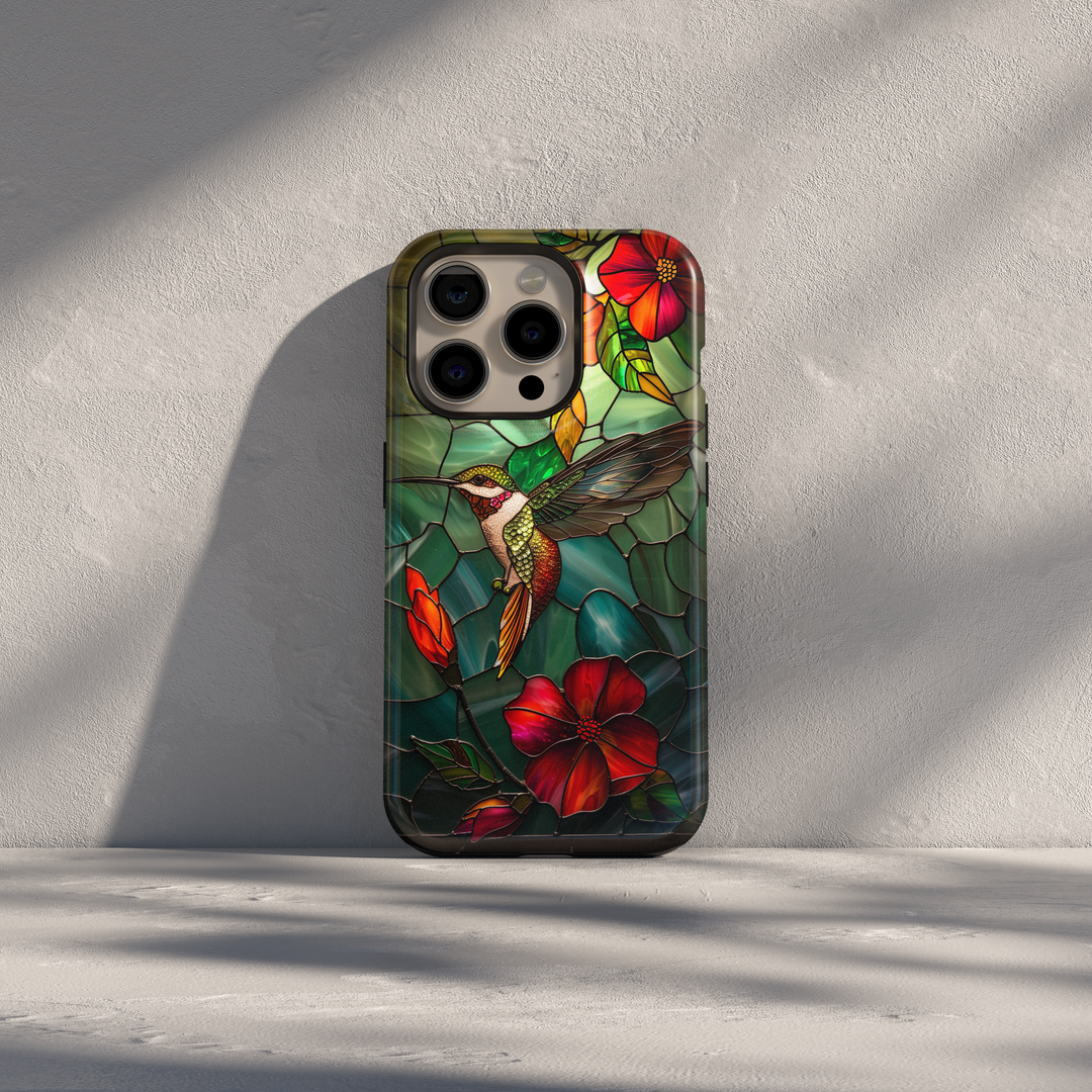 Verdyxa Noire emerald stained glass hummingbird iPhone case with red floral accents