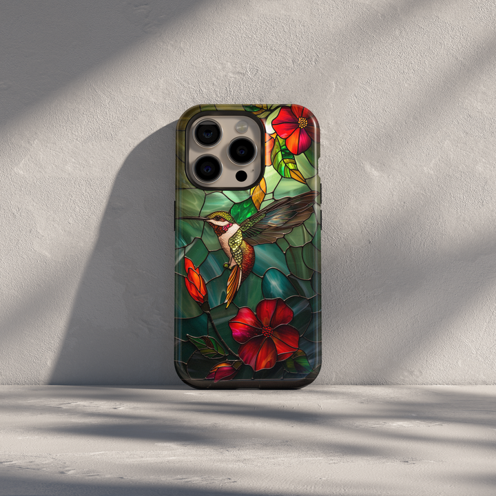 Verdyxa Noire emerald stained glass hummingbird iPhone case with red floral accents