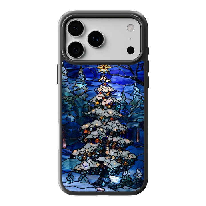 Stained-glass style phone case featuring a glowing Christmas tree under a starry blue winter sky