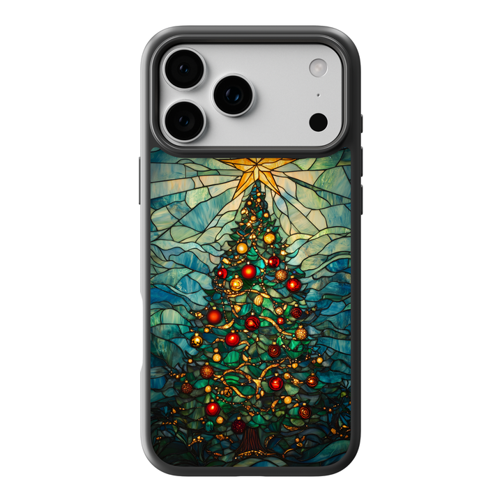 Stained-glass style phone case with glowing Christmas tree, golden star, and colorful ornaments in teal and amber tones