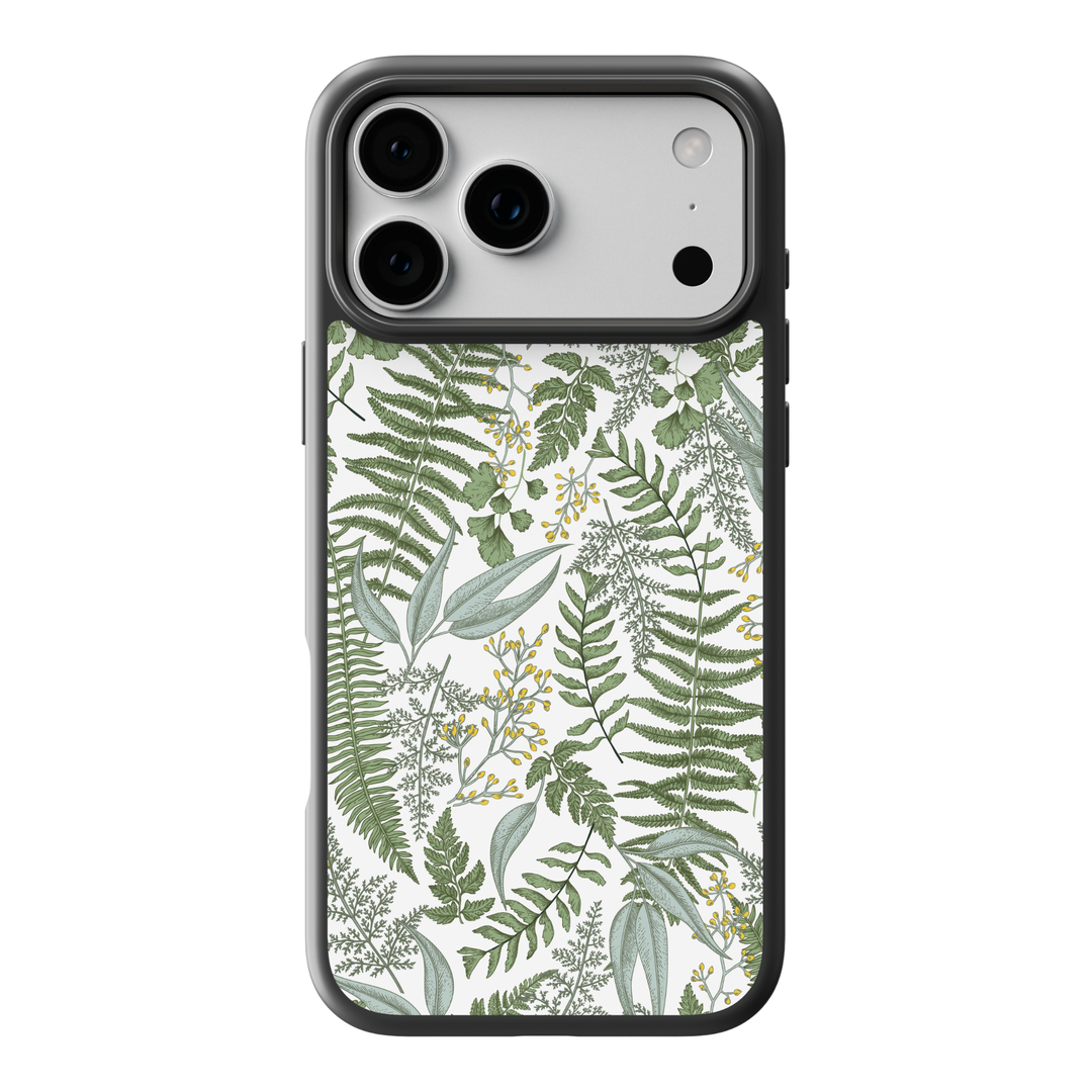 Botanical fern phone case with green leaves on a white background