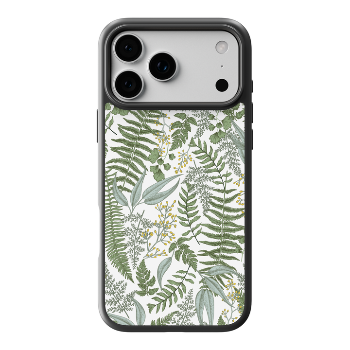 Botanical fern phone case with green leaves on a white background