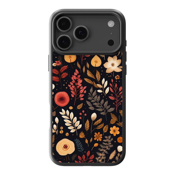 Autumn floral phone case with warm fall leaves and flowers on a dark background