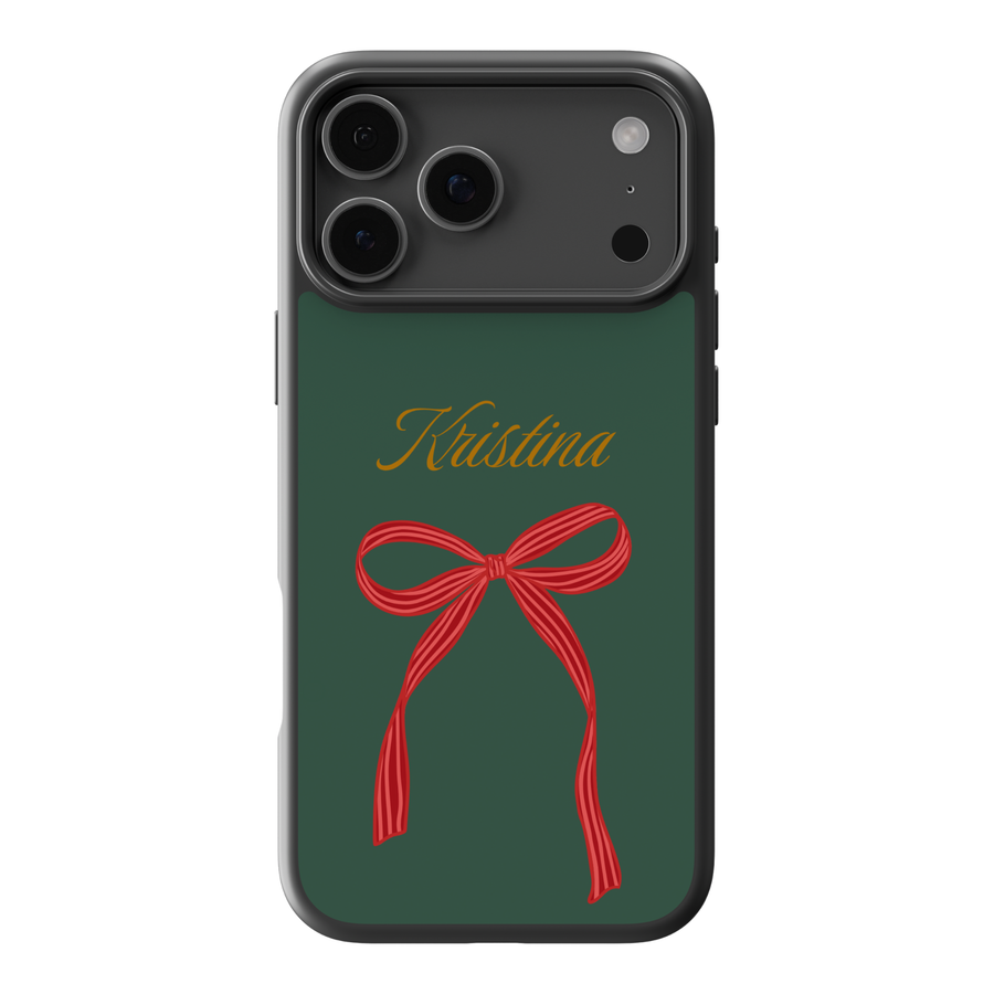 Green Christmas phone case with red ribbon bow and custom name in gold script