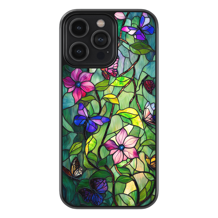 Stained glass butterfly floral iPhone case with colorful flowers and leaves, protective phone cover for iPhone