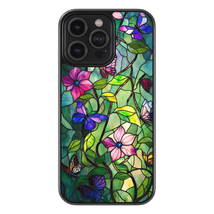 Stained glass butterfly floral iPhone case with colorful flowers and leaves, protective phone cover for iPhone
