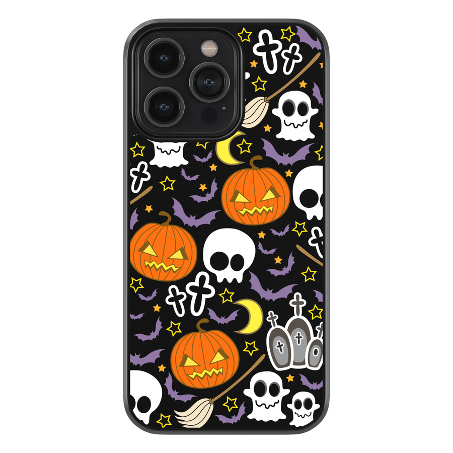 Halloween iPhone tough case with pumpkins, skulls, bats, and spooky cute illustrations on black background.