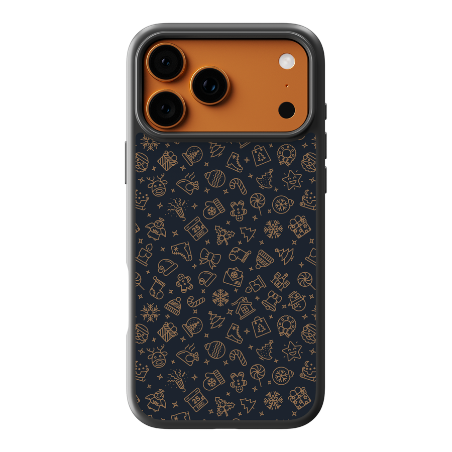 Black Christmas phone case with minimalist gold holiday icons including snowflakes, ornaments, candy canes, stockings, reindeer, bells, and Christmas trees