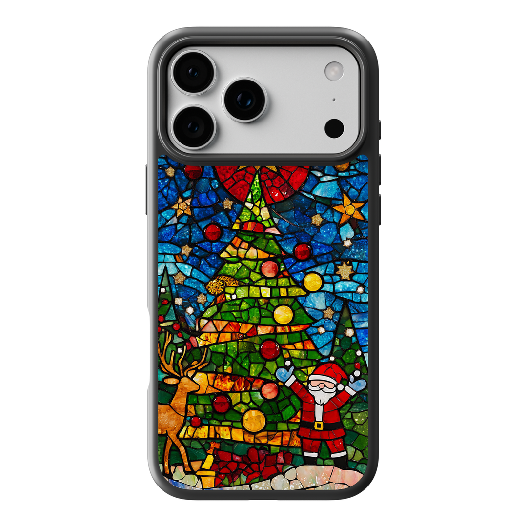Colorful stained-glass style phone case with Christmas tree, Santa, reindeer, and star mosaic artwork