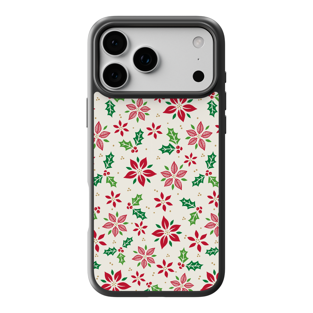 Christmas floral phone case with red poinsettias, holly leaves, berries, and festive green and red holiday pattern on cream background
