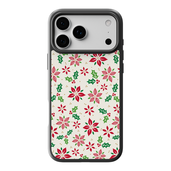 Christmas floral phone case with red poinsettias, holly leaves, berries, and festive green and red holiday pattern on cream background
