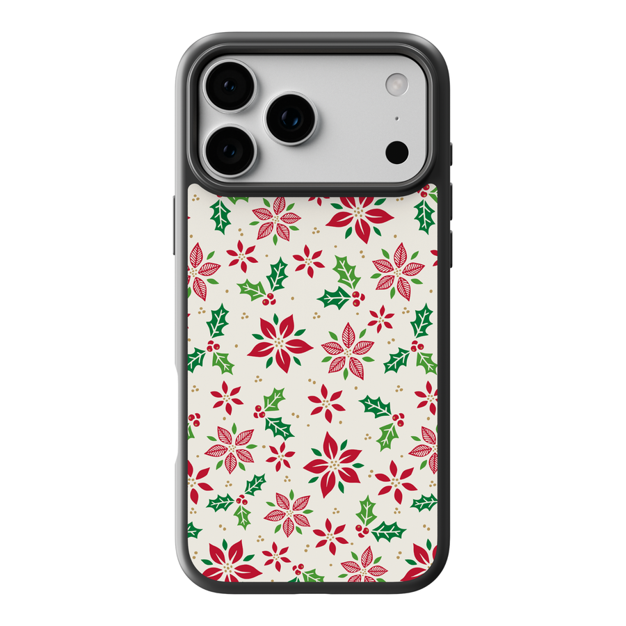 Christmas floral phone case with red poinsettias, holly leaves, berries, and festive green and red holiday pattern on cream background