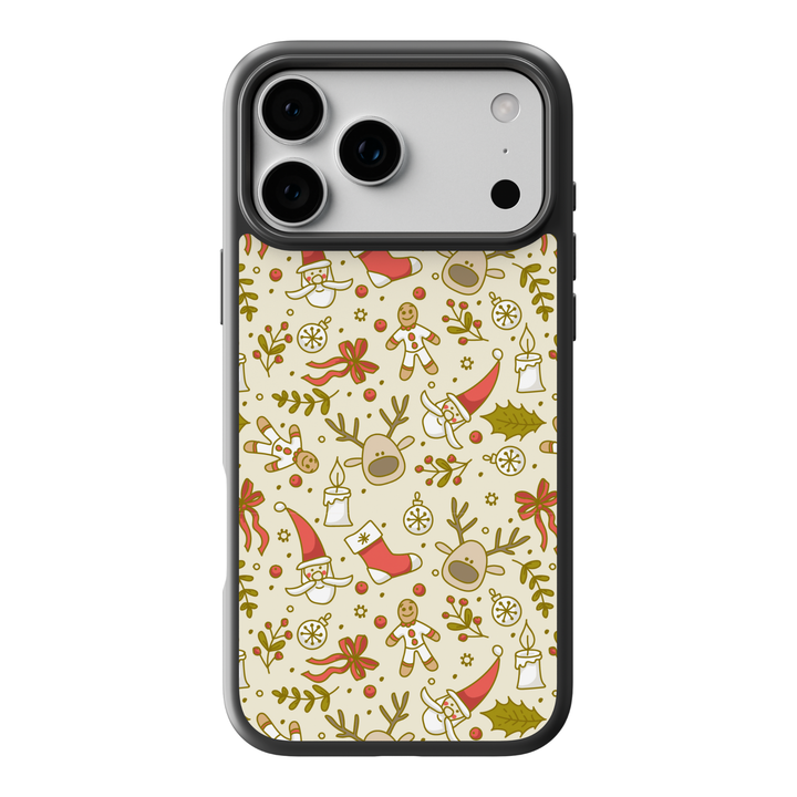 Christmas phone case with gingerbread men, elves, stockings, holly leaves, and festive doodle pattern on cream background