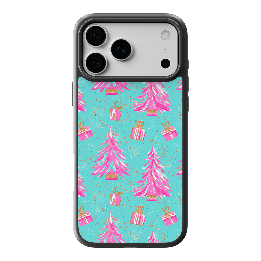Turquoise phone case with pink Christmas trees and glitter-style gift box pattern, girly holiday aesthetic